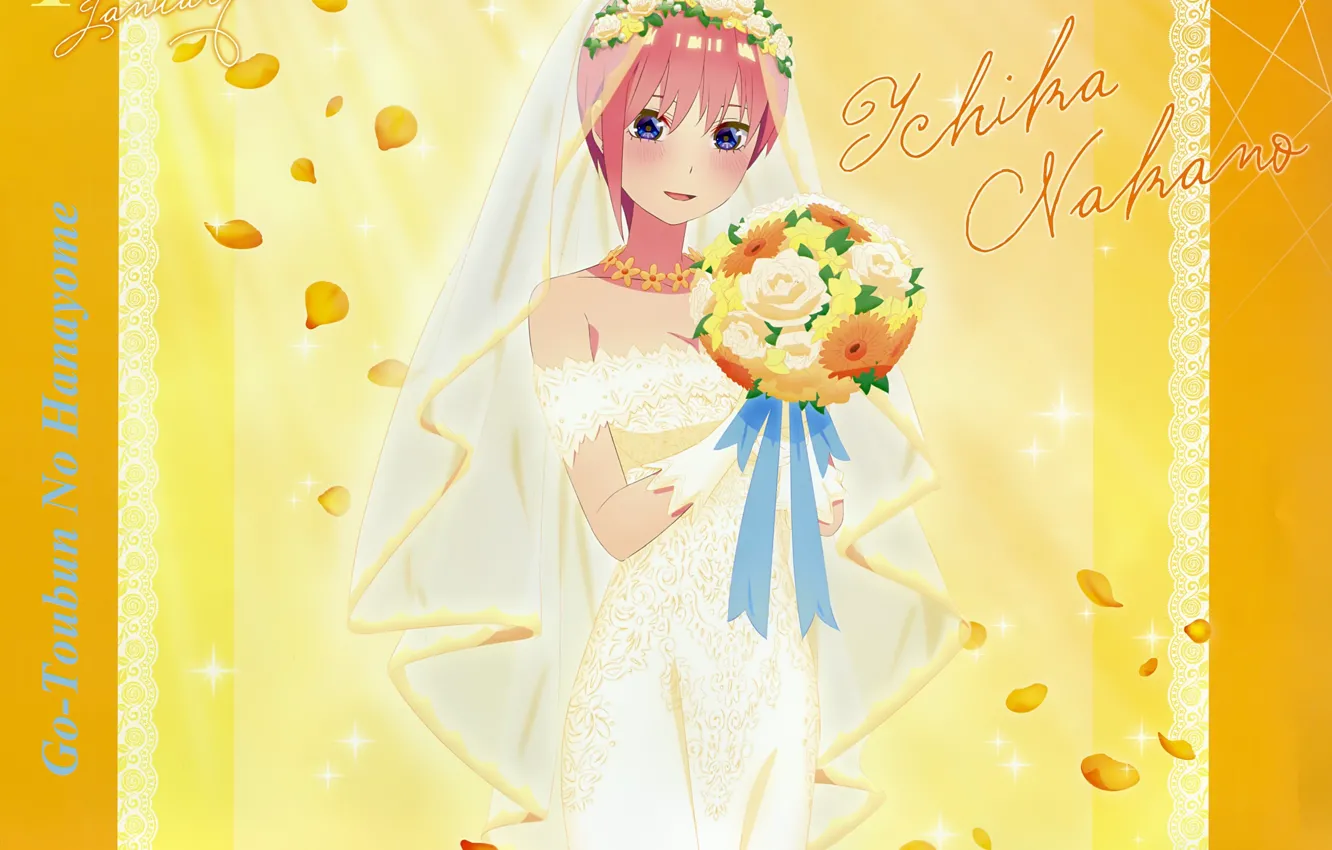 Фото обои декольте, невеста, фата, свадебное платье, букет невесты, венок из роз, go-toubun no hanayome, nakano ichika
