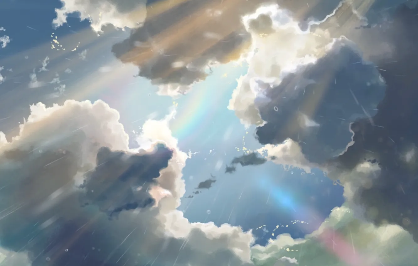 Фото обои Солнце, Небо, Облака, Дождь, Аниме, Sky, Макото Синкай, Anime