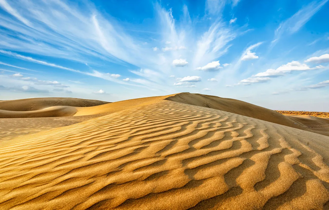 Фото обои песок, облака, пустыня, Индия, бархан, Тар, Раджастан