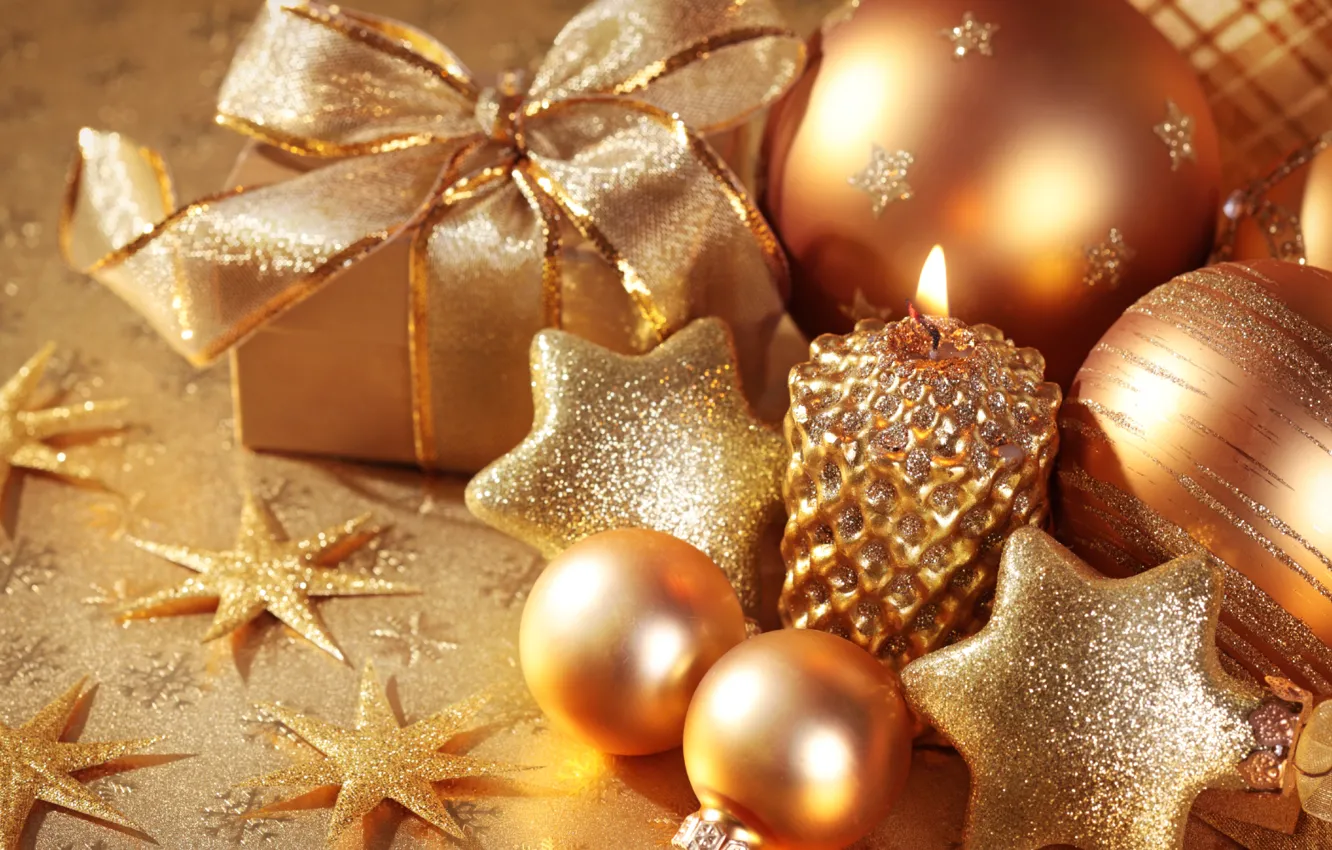 Фото обои шарики, украшения, праздник, новый год, рождество, свеча, подарки