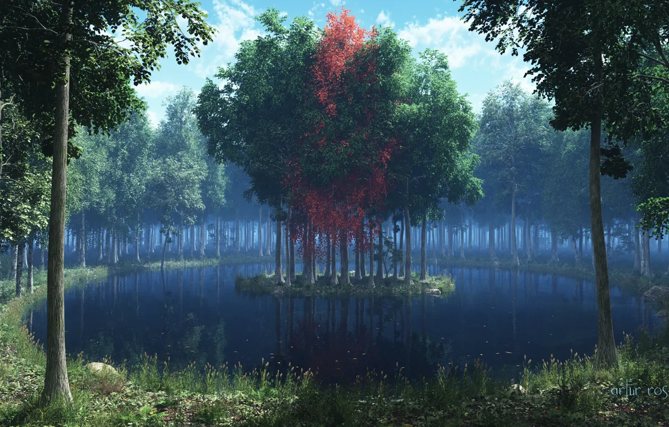 Фото обои лес, трава, листья, деревья, озеро, красное, островок, рендер
