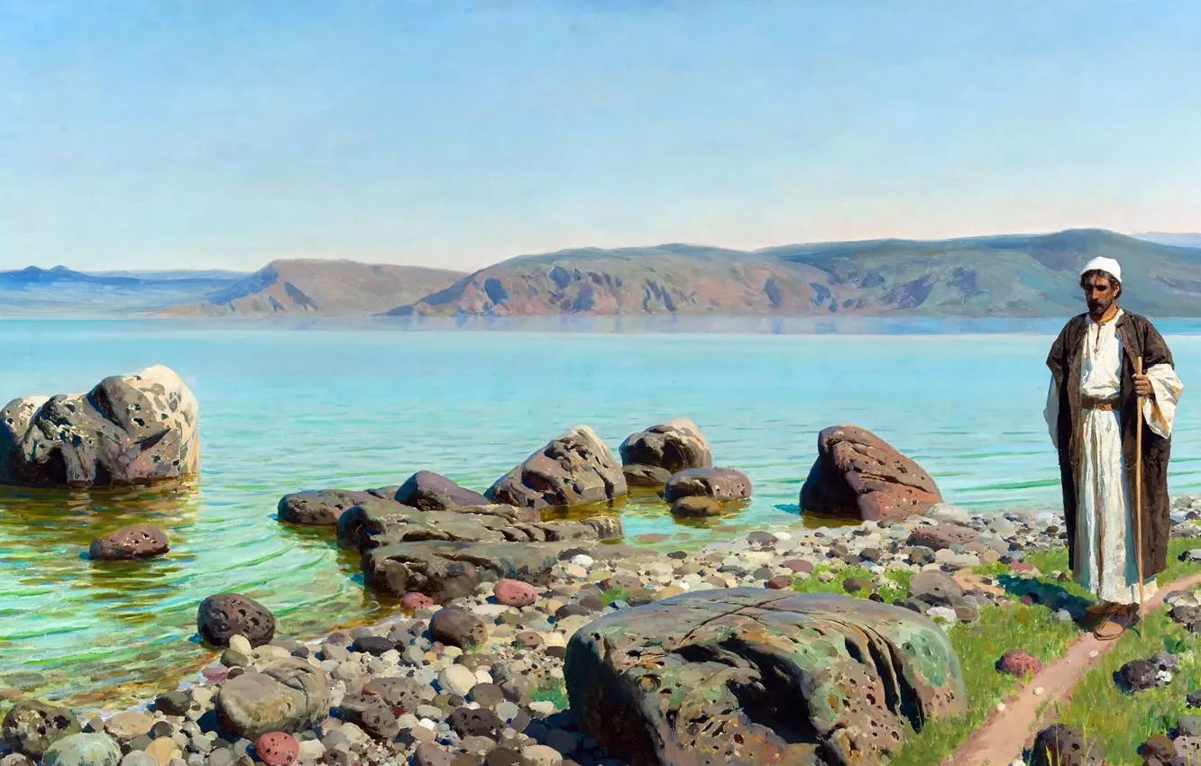 Фото обои Озеро, Камни, Картина, Мужчина, Василий Поленов, Русский художник, Vasily Polenov, На Тивериадском (Генисаретском) озере