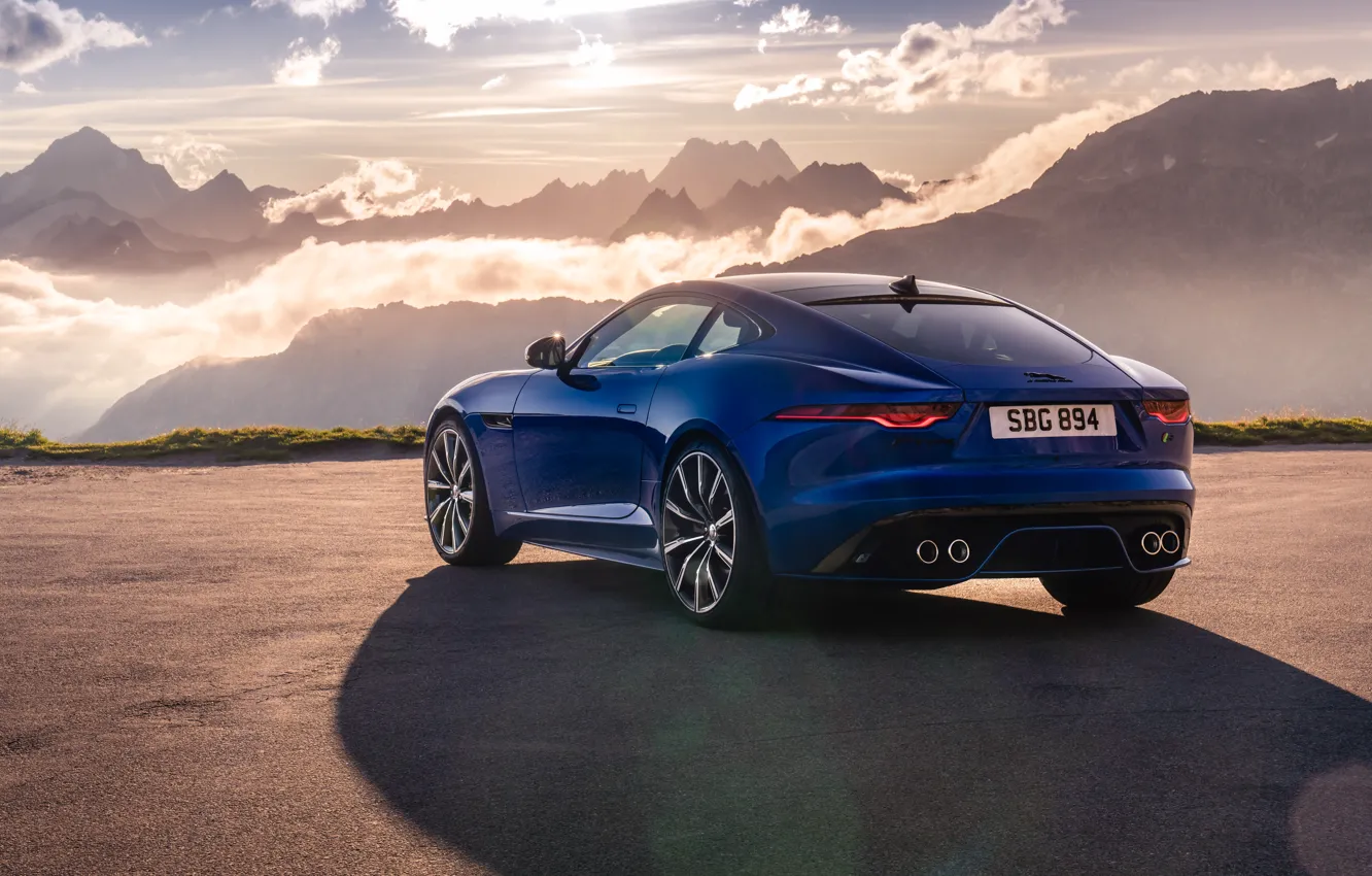 Фото обои закат, горы, Jaguar, вид сзади, F-Type, F-Type R, 2021