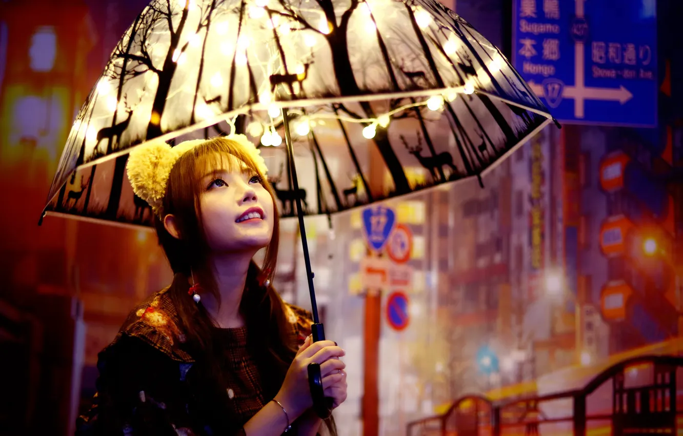 Фото обои лицо, улыбка, зонтик, лампочки