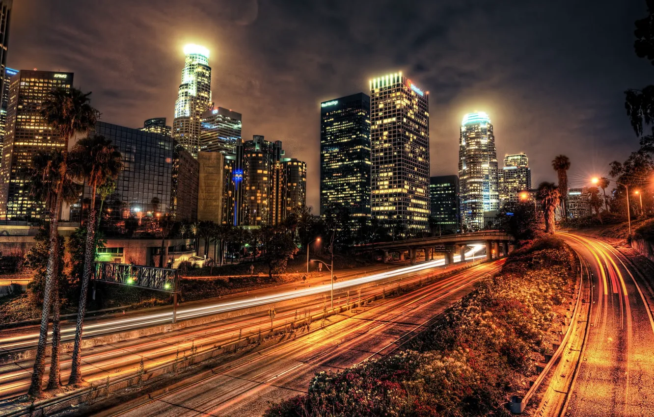 Фото обои ночь, дома, Los Angeles, высотки, дороги., sity, Лос Анжелес