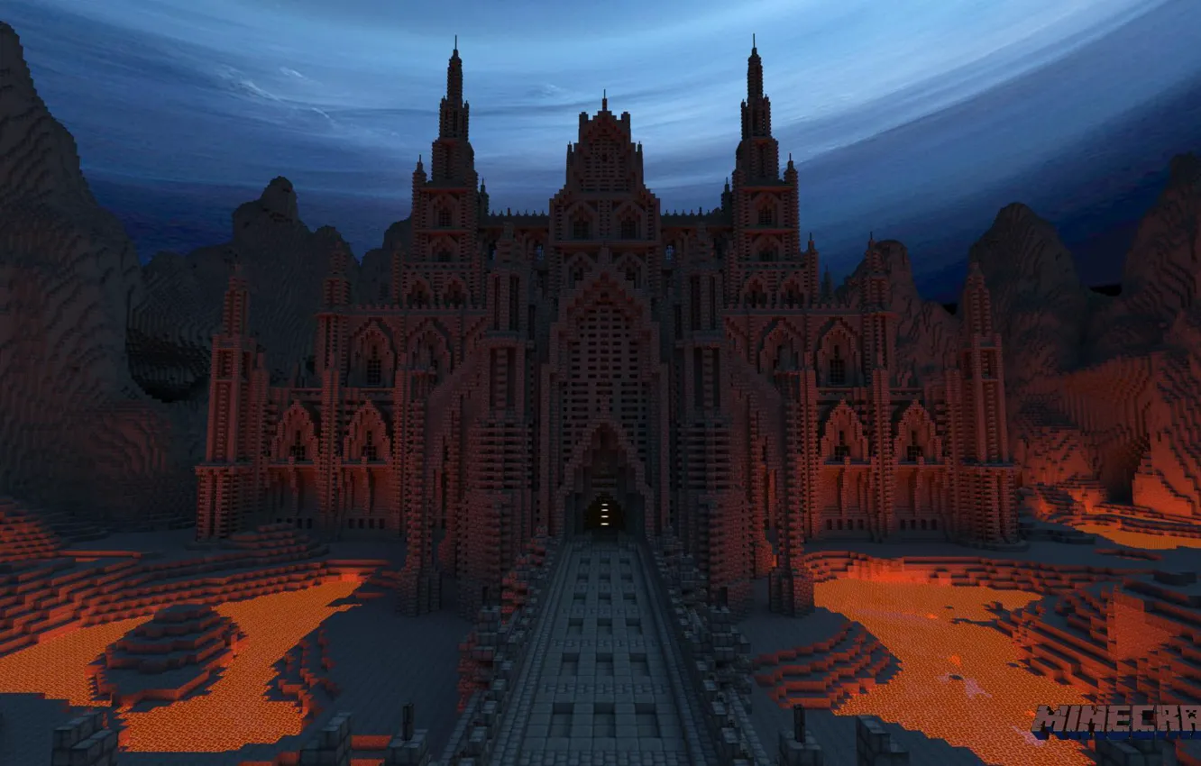 Фото обои дорога, небо, горы, ночь, блоки, лава, дворец, Minecraft