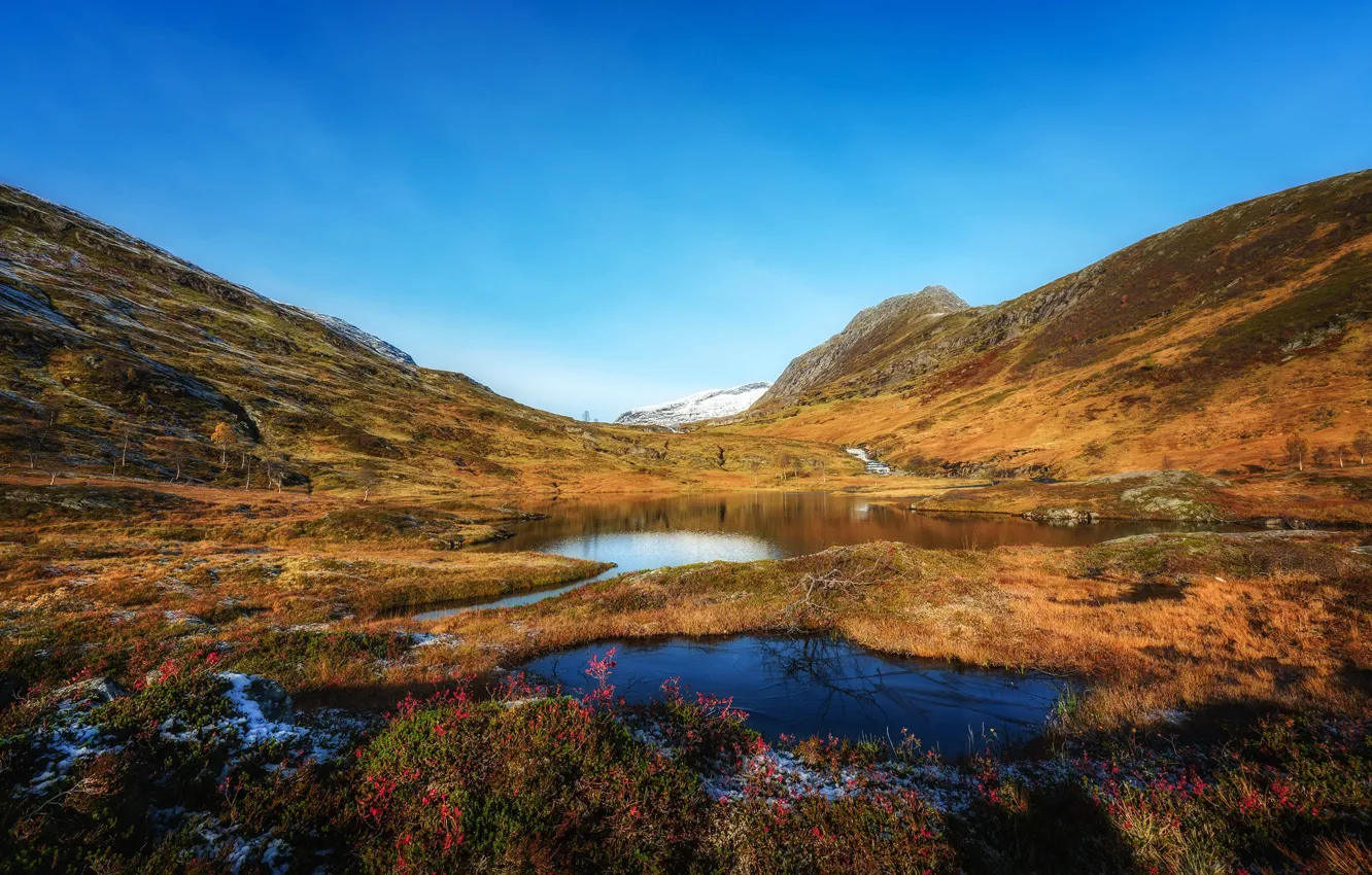 Фото обои осень, небо, трава, снег, горы, озеро, Норвегия, солнечно