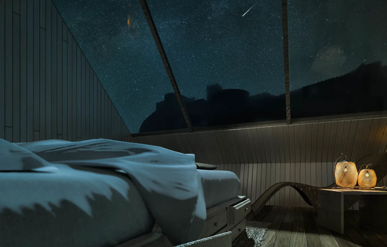 Фото обои ночь, фонари, помещение, Particula Observatory Houses YAC Competition, Bedroom Day Shot