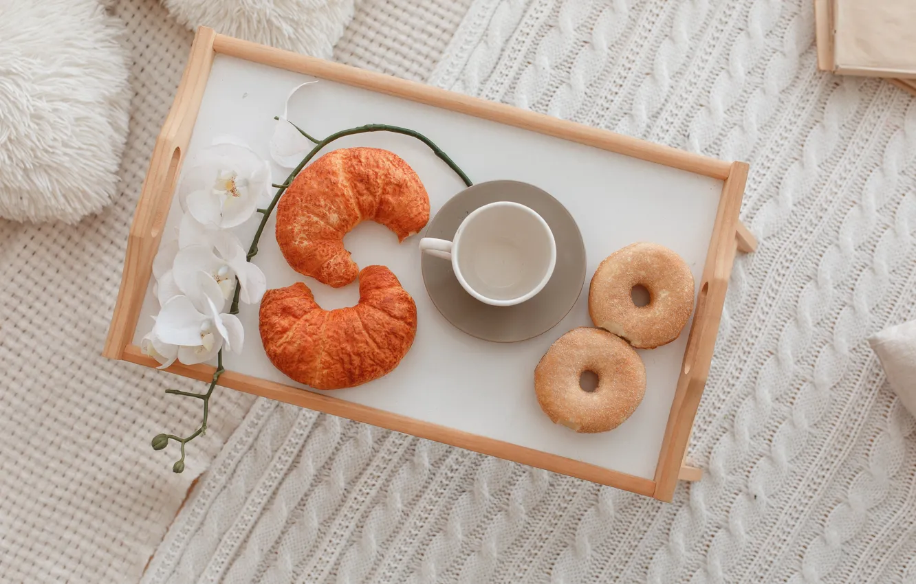 Фото обои завтрак, чашка, плед, пончик, орхидея, cup, orchid, croissant