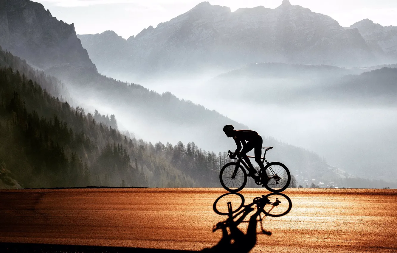 Фото обои дорога, горы, природа, спортсмен, велосипедист, road bike