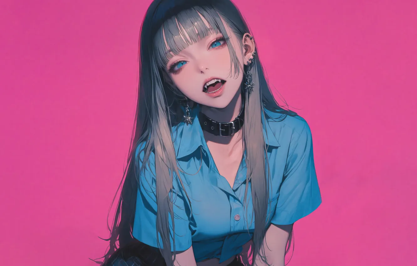 Фото обои Anime, Pink Background, Fangs, Anime Girl, AI Art