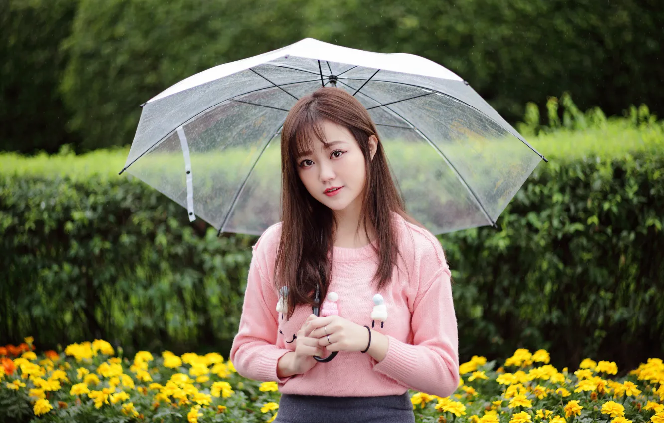 Фото обои взгляд, зонтик, азиатка