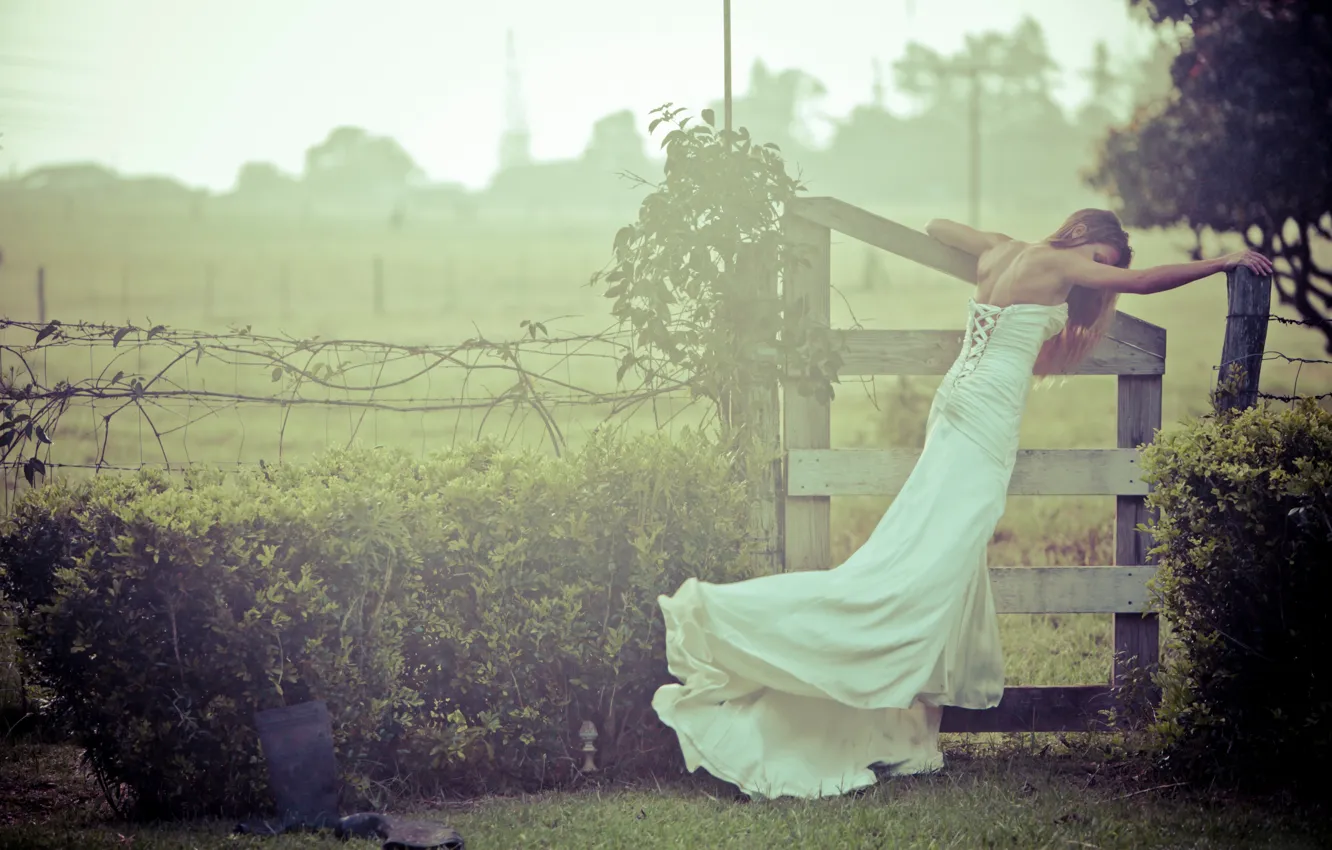 Фото обои девушка, природа, забор, невеста, свадебное платье, wedding, bride