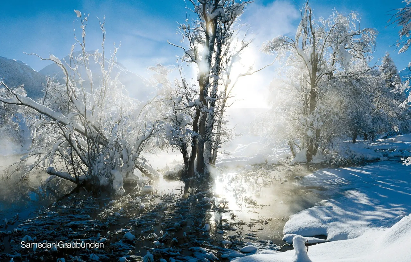 Фото обои зима, солнце, снег, пейзаж