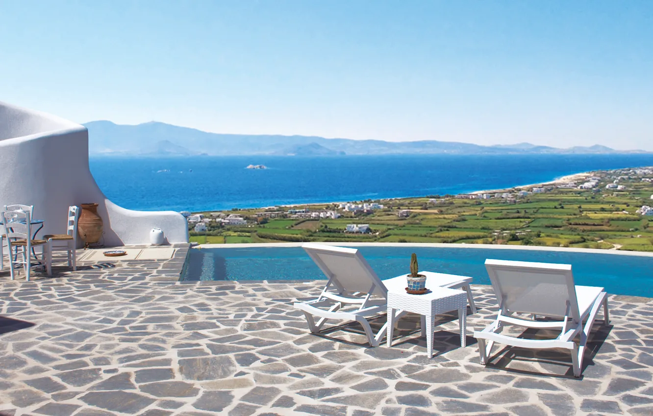 Фото обои вилла, бассейн, терраса, средиземноморский стиль, вид на побережье