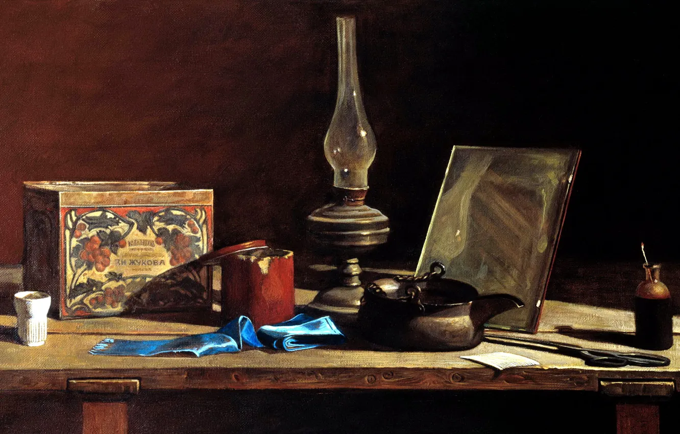 Фото обои стол, коробка, лампа, картина, чайник, зеркало, живопись, Анохин