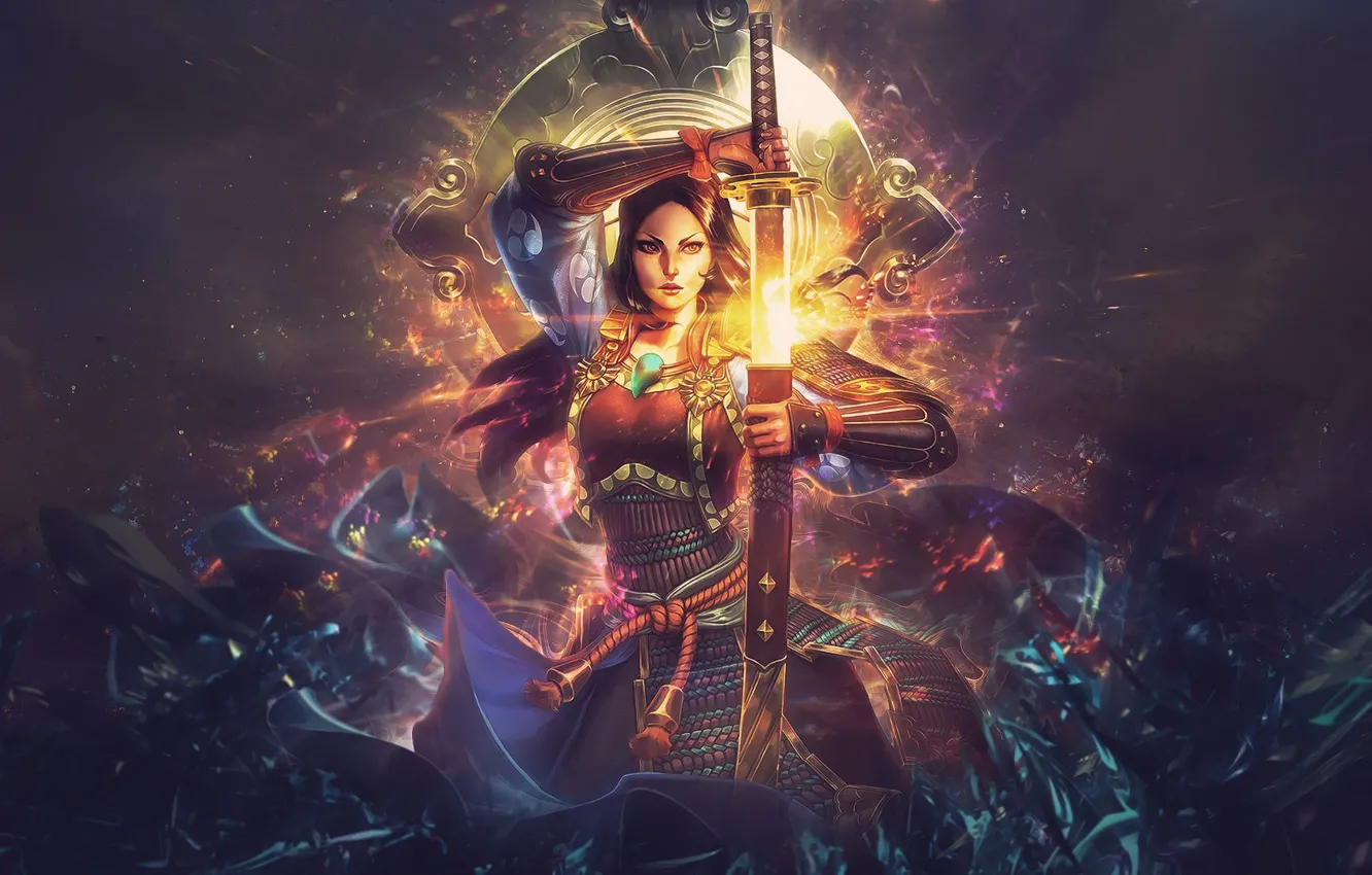 Фото обои сияние, меч, катана, sword, katana, fantasy art, beautiful woman, radiance