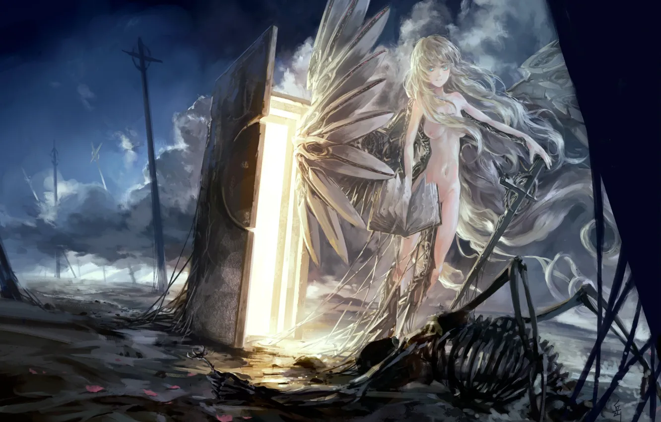 Фото обои небо, девушка, облака, оружие, столбы, провода, крылья, ангел