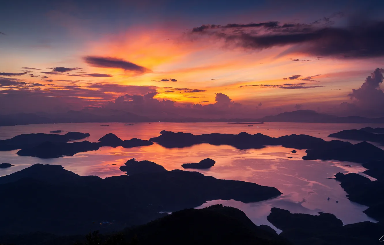 Фото обои море, небо, облака, Гонконг, утро, Китай, Hong Kong, КНР