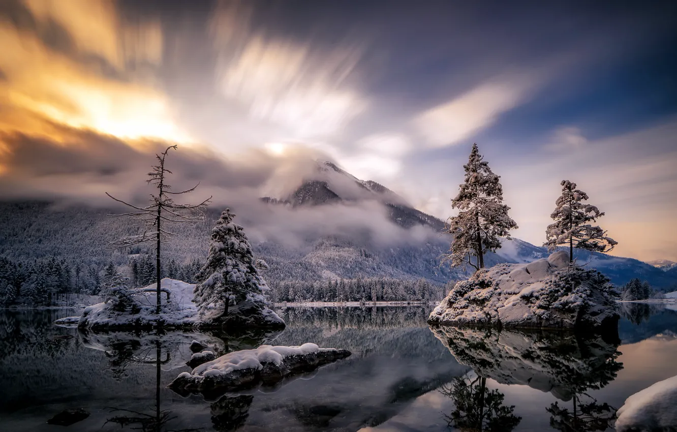 Фото обои зима, горы, озеро, утро