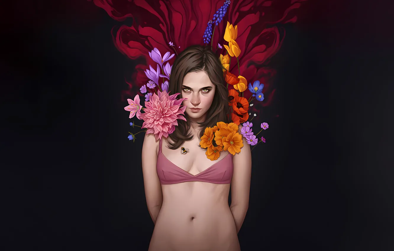 Фото обои girl, sexy, cleavage, long hair, brown hair, boobs, anime, flowers