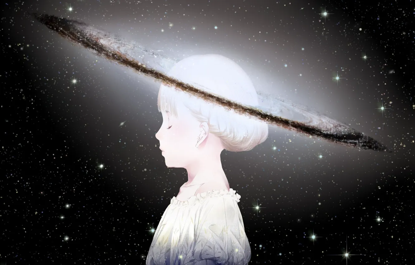 Фото обои небо, девушка, космос, звезды, планета, голова, аниме, арт