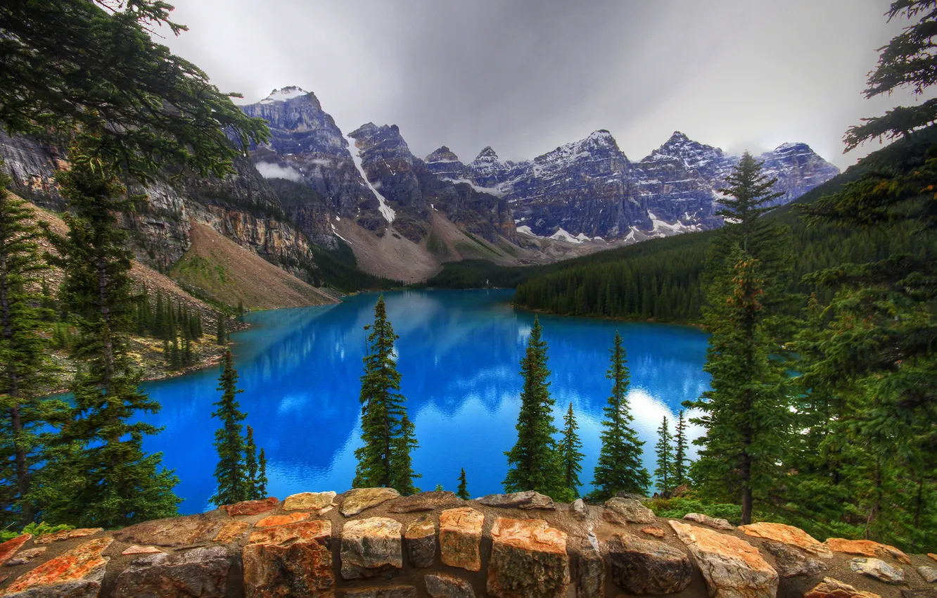 Фото обои лес, деревья, горы, природа, озеро, камни, скалы, Banff National Park