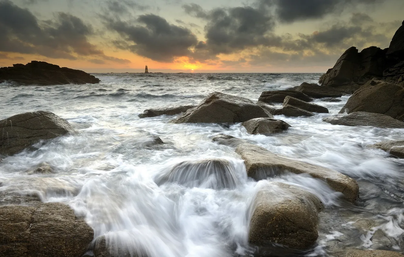 Фото обои море, пейзаж, закат, камни