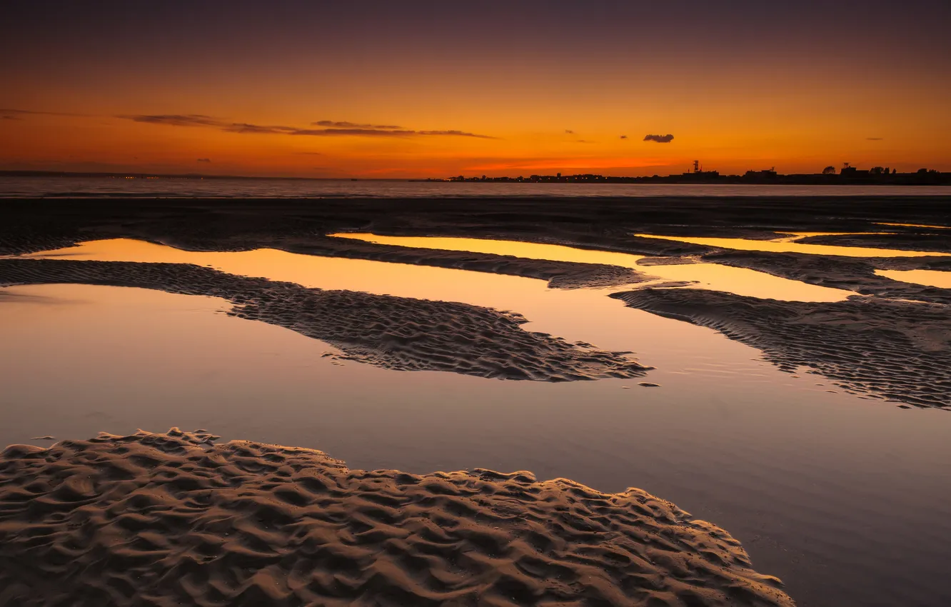 Фото обои песок, пляж, озеро, рассвет