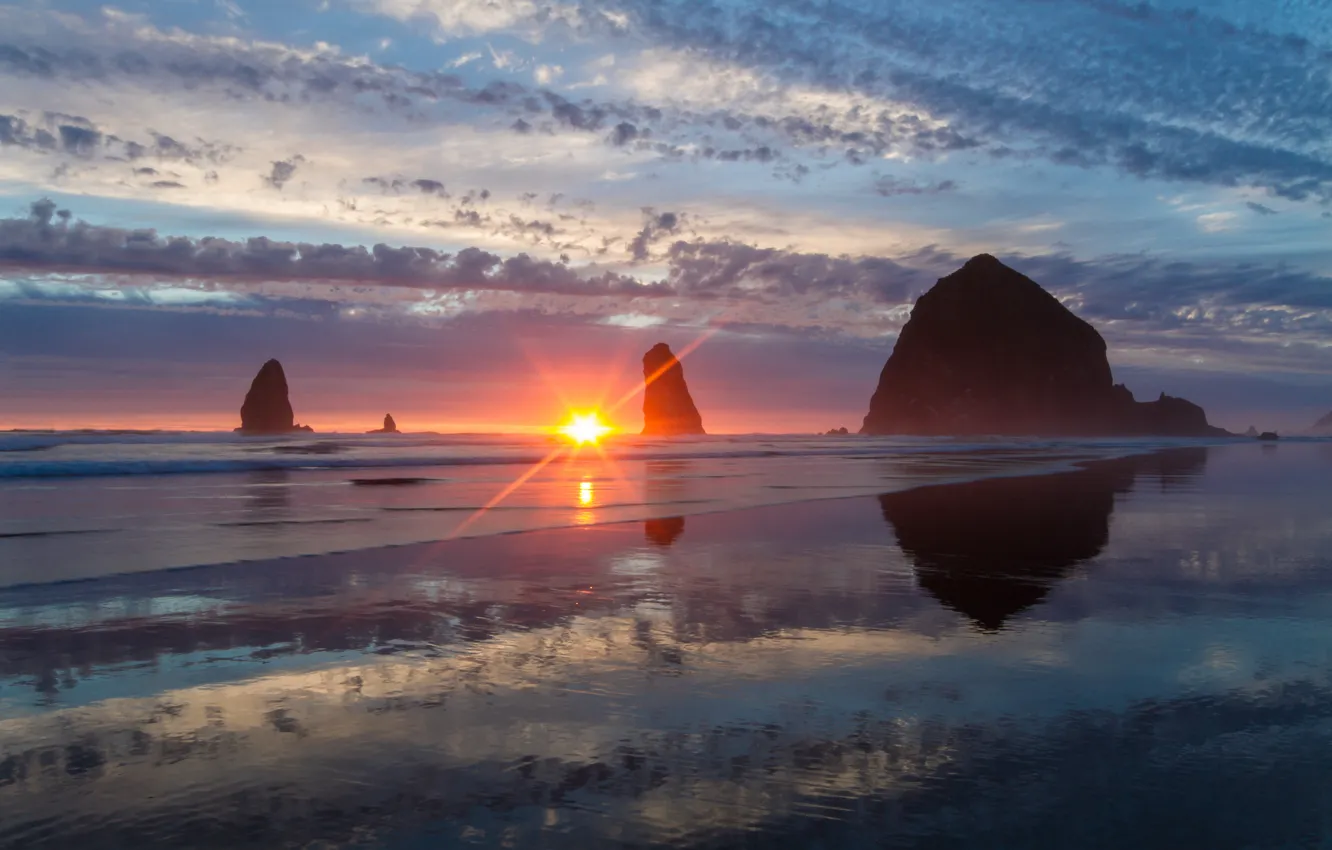 Фото обои закат, скалы, побережье, Орегон, Oregon, Pacific Ocean, Тихий океан, Haystack Rock