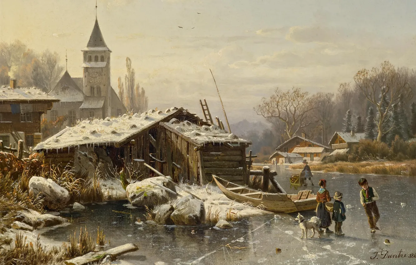 Фото обои 1865, немецкий художник-пейзажист, Winter day, Зимний день, German landscape painter, oil on canvas, Wintertag, Johannes …