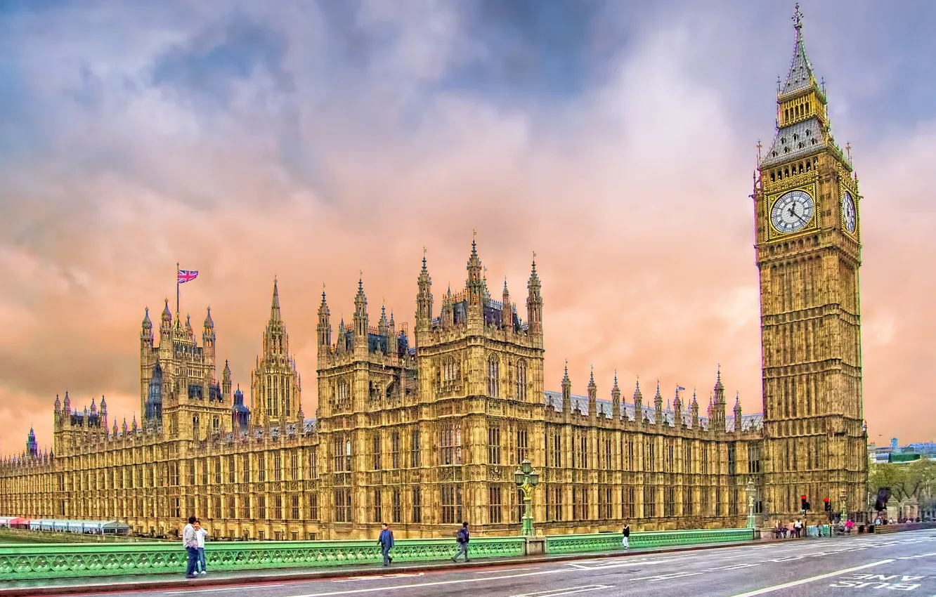 Фото обои мост, улица, часы, Англия, Лондон, башня, парламент