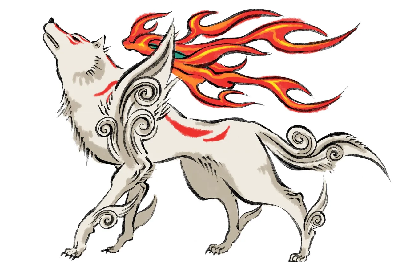 Фото обои белый, фон, пламя, волк, божество, Okami, Amaterasu