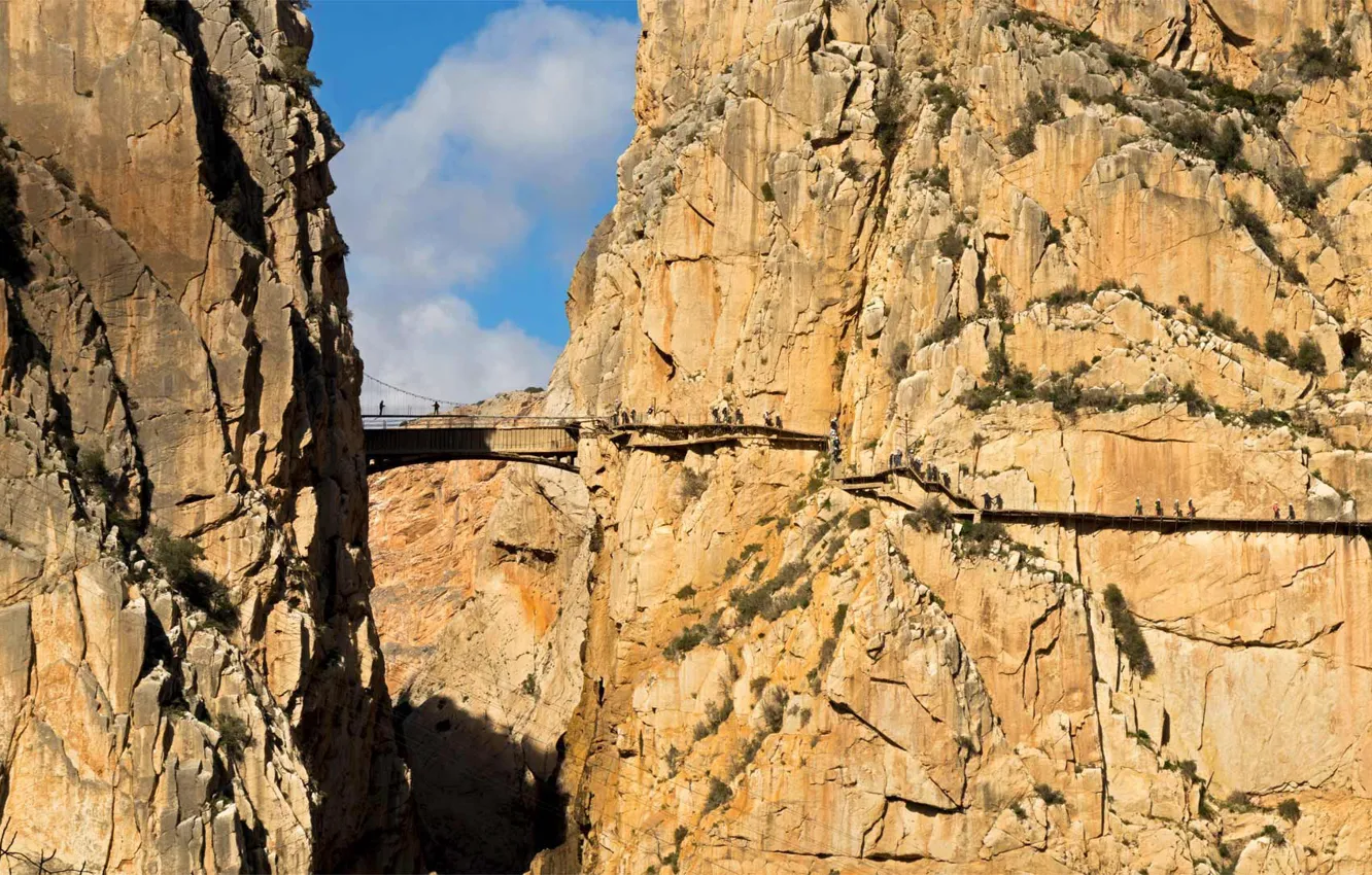 Фото обои горы, мост, скалы, ущелье, Испания, Малага, Эль Чорро, Королевская тропа