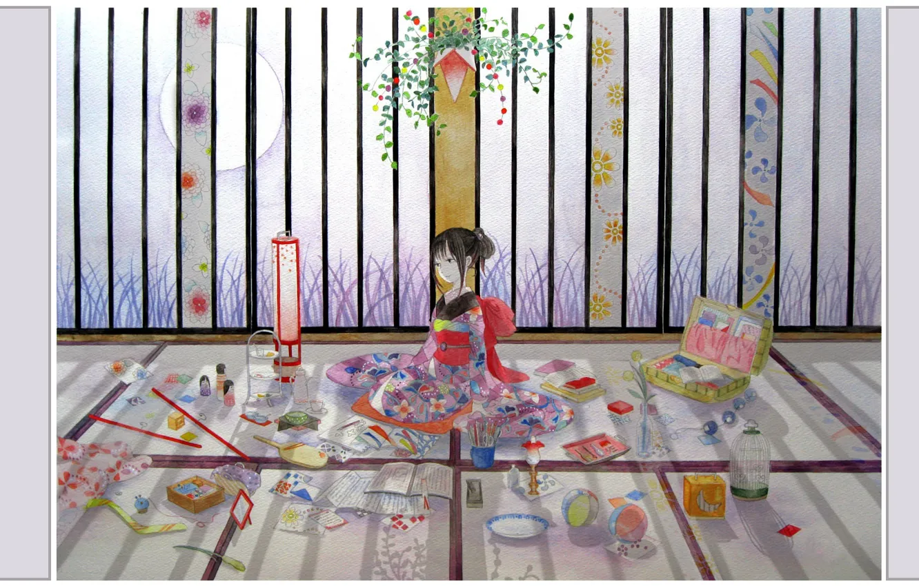 Фото обои цветы, комната, японка, игрушки, мяч, клетка, карандаши, рисунки