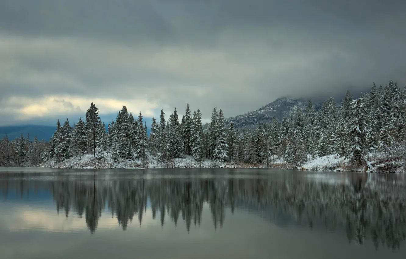 Фото обои зима, лес, снег, деревья, горы, озеро, отражение, ель