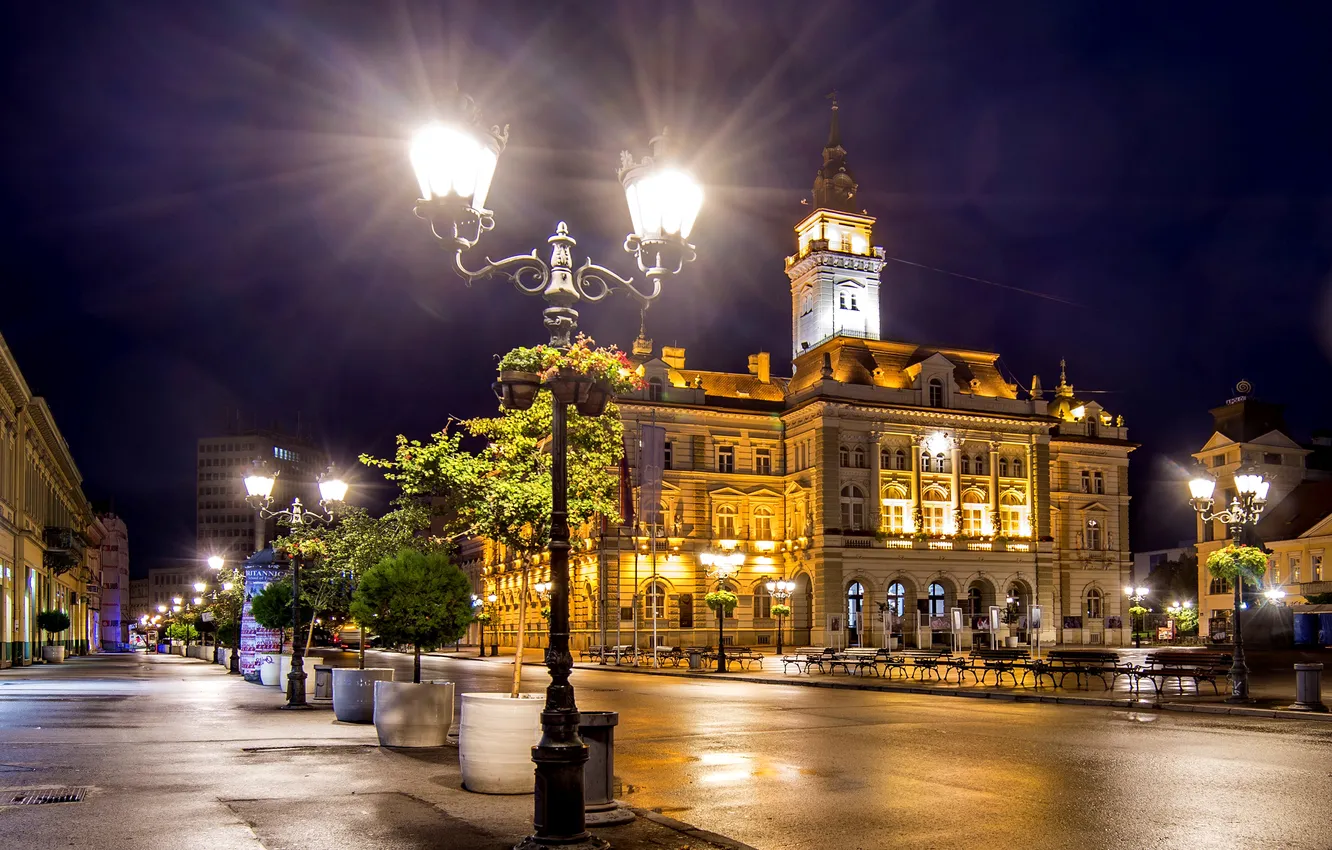 Фото обои дорога, ночь, огни, улица, фонари, дворец, лавочки, Сербия