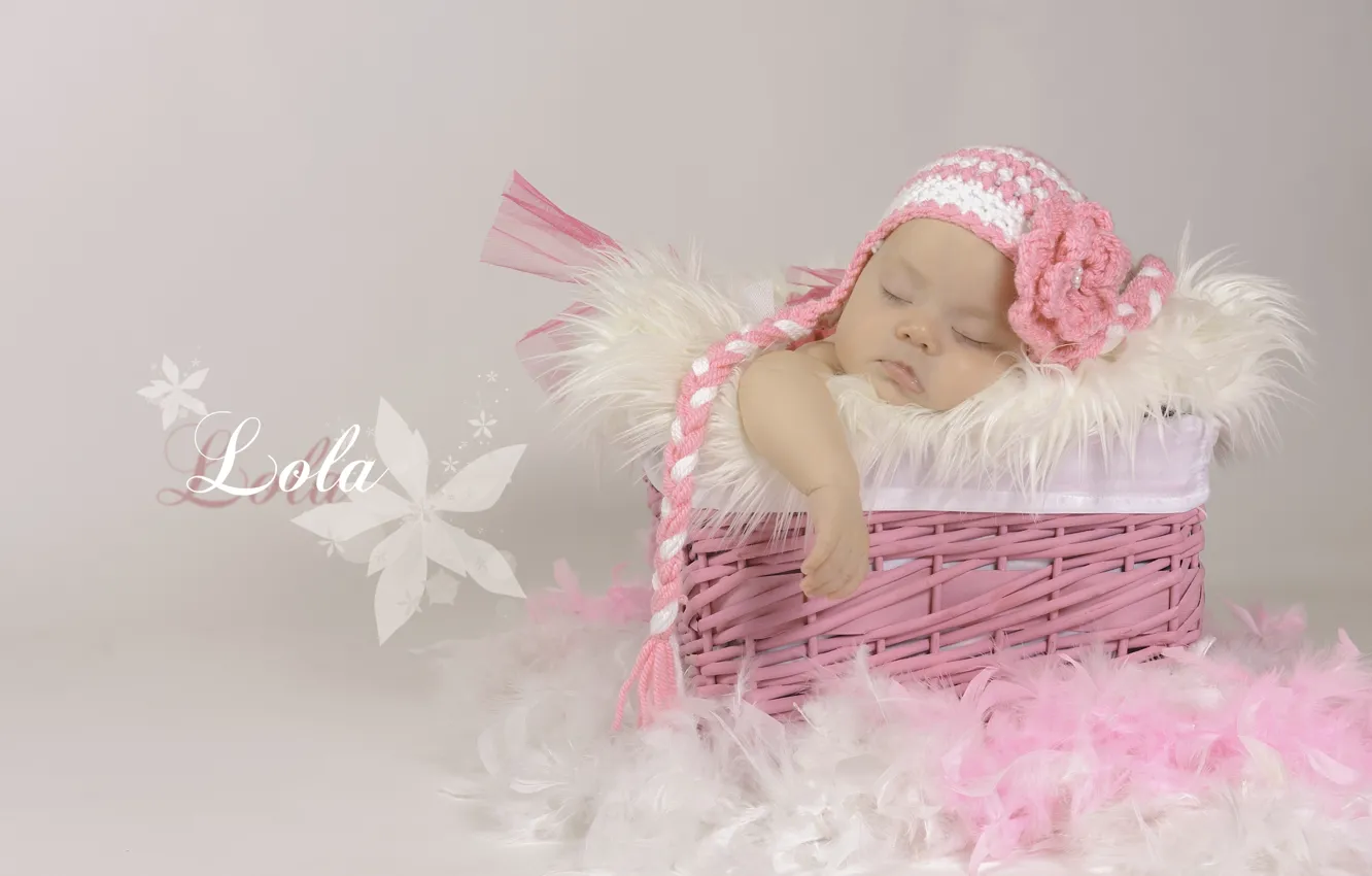 Фото обои корзина, сон, перья, девочка, шапочка, младенец, спащая