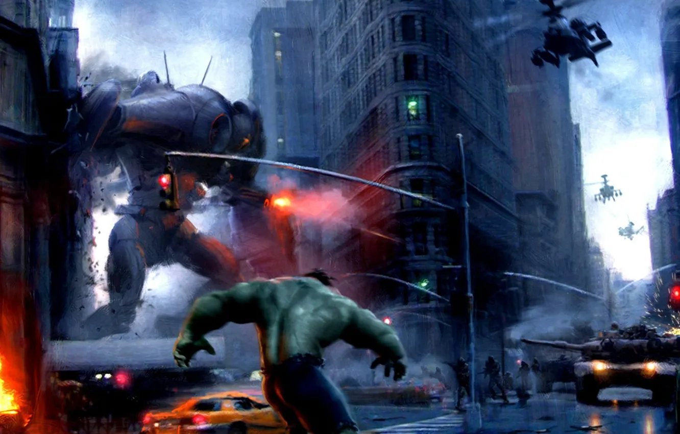 Фото обои город, огонь, здания, робот, танк, вертолёт, Hulk