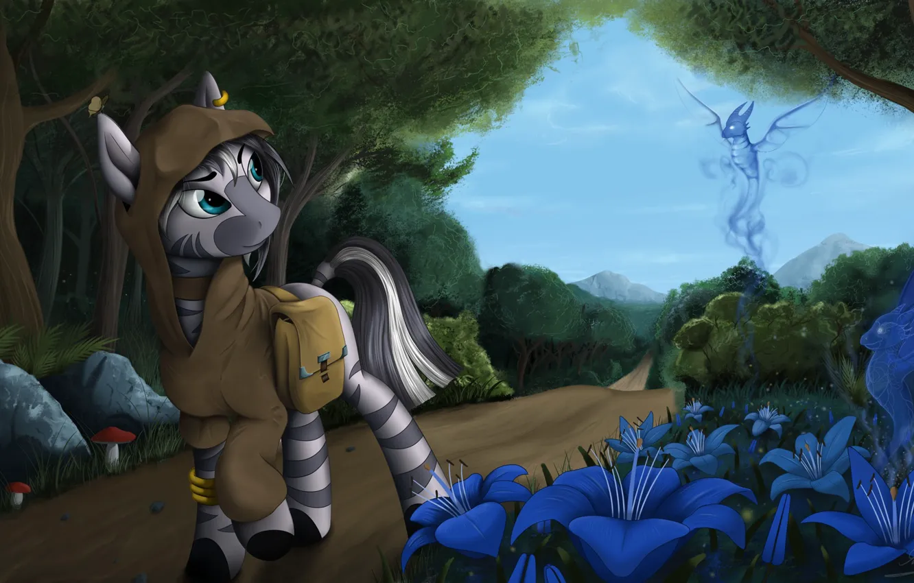 Фото обои лес, цветы, тропа, зебра, пони, синие, Deviantart, My Little Pony
