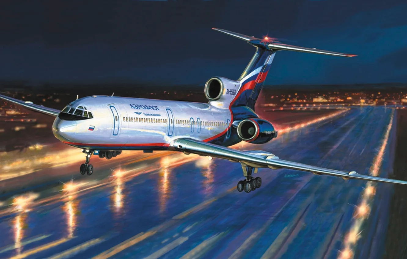 Фото обои огни, рисунок, Россия, самолёт, аэродром, аэрофлот, Tupolev, пассажирский