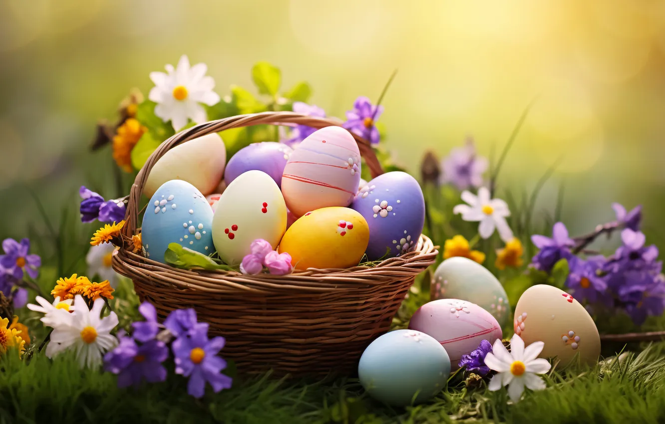 Фото обои цветы, корзина, поляна, яйца, весна, colorful, Пасха, happy