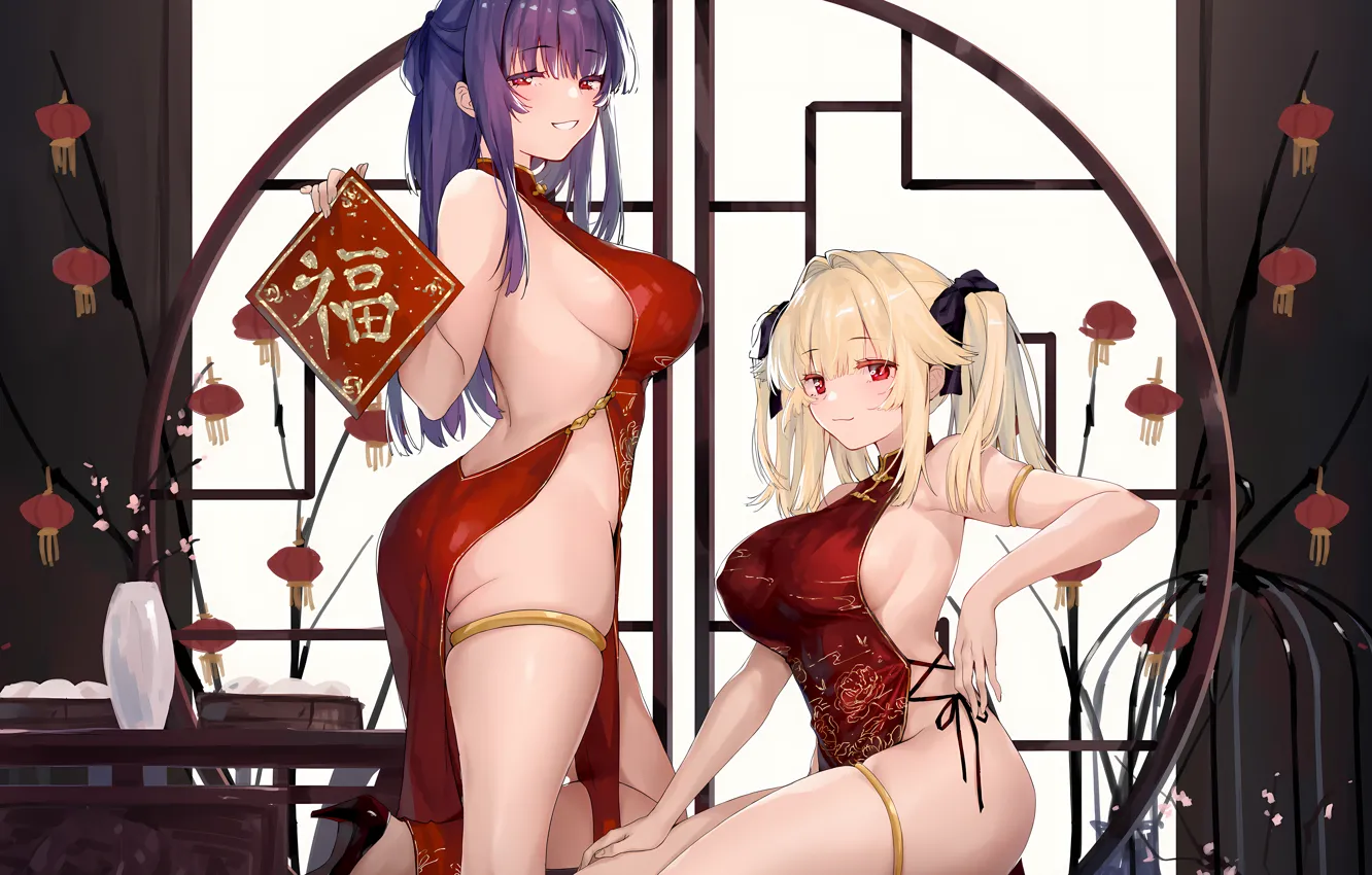 Фото обои sexy, cleavage, long hair, dress, legs, girls, boobs, anime