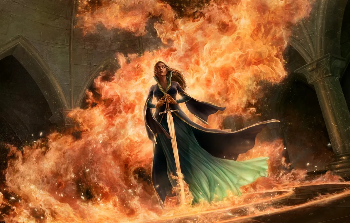 Фото обои девушка, круги, замок, огонь, пламя, магия, меч, платье