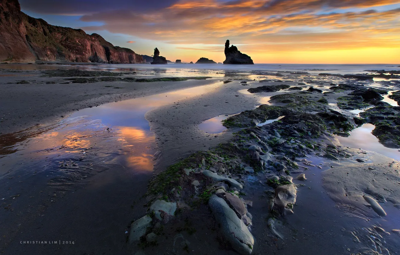 Фото обои море, скалы, рассвет, побережье