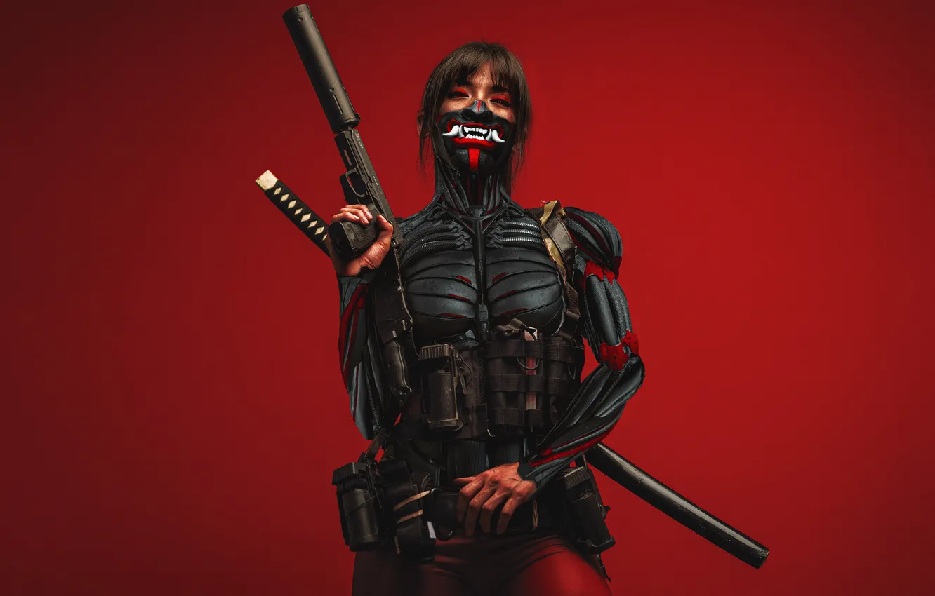 Фото обои девушка, меч, катана, брюнетка, маска, red, sword, pistol