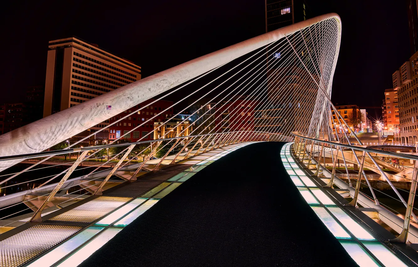 Фото обои Дома, Ночь, Город, Испания, Bilbao