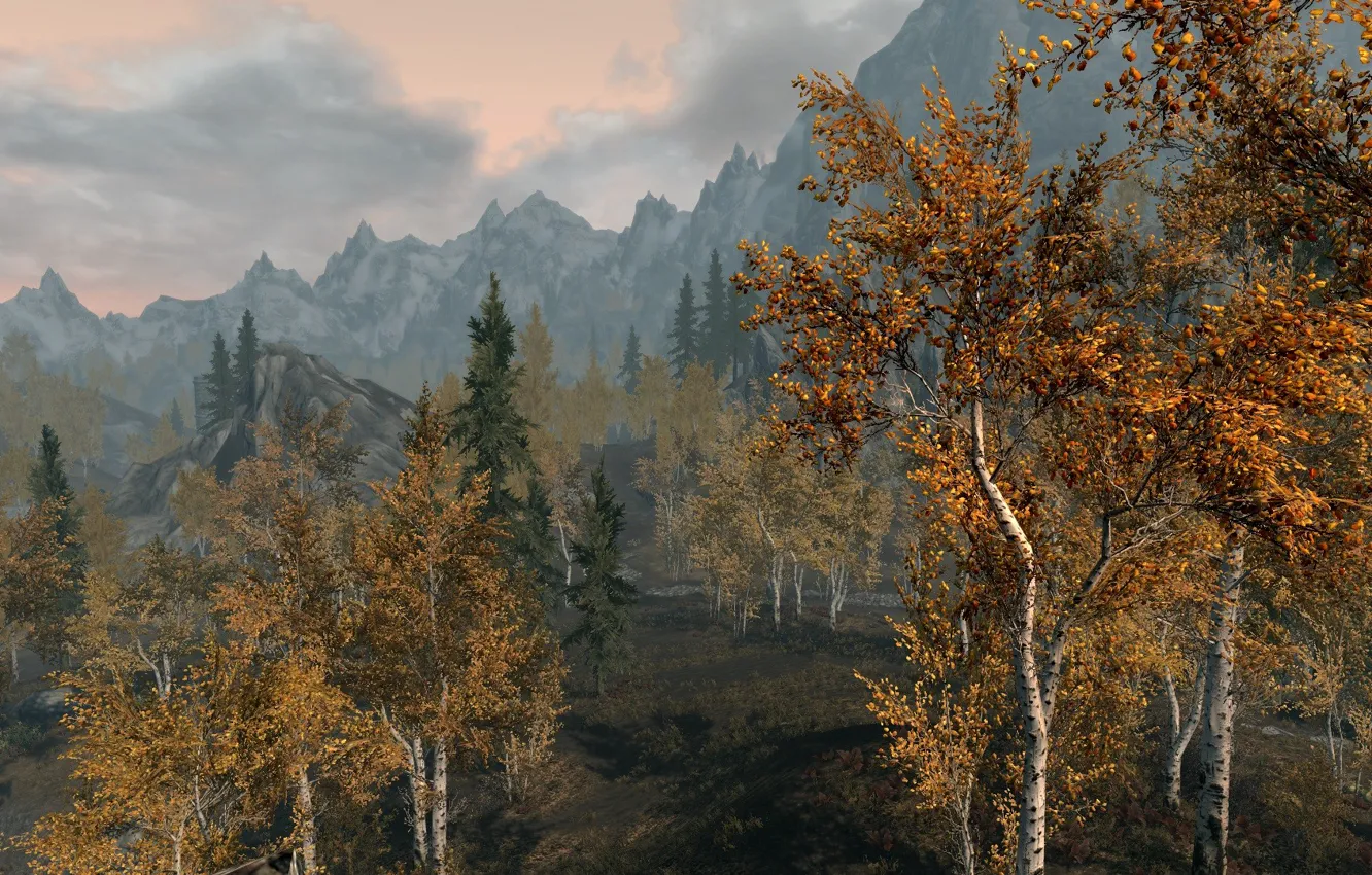 Фото обои осень, небо, облака, деревья, пейзаж, горы
