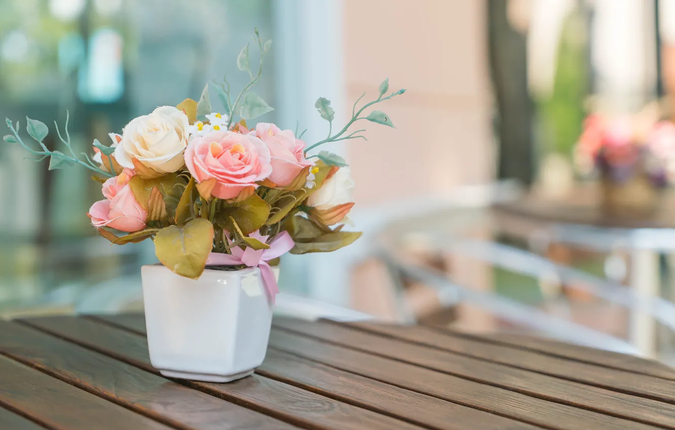 Фото обои цветы, розы, букет, ваза, бутоны