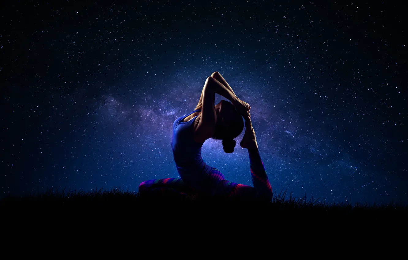 Фото обои девушка, ночь, поза, звёзды, грация, Yoga